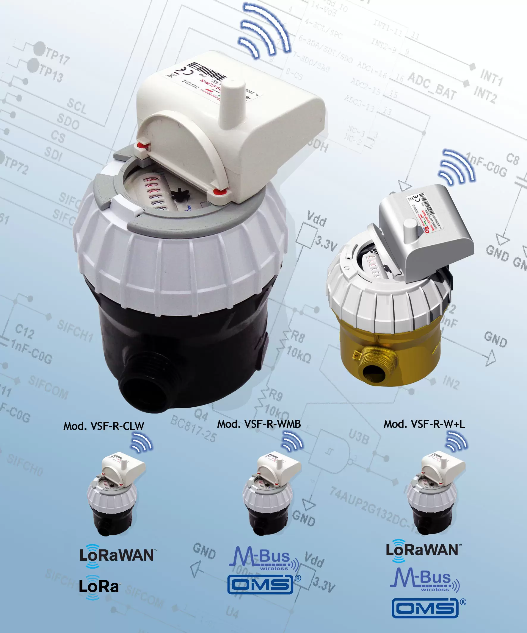 Smart Volumetric Model VSF -R-CLW with LoRaWan protocol for fixed network and LoRa for Walk-by / Drive-by and model VSF-R-WMB freq.868 Mhz with W-Mbus protocol for Walk-by / Drive-by.